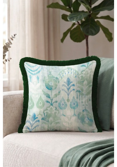 Botanik Tropik Saçaklı Yastık Kılıfı - Egzotik Floral Boho Mint Mavi Siyah Püsküllü Kırlent Kılıfı Gri