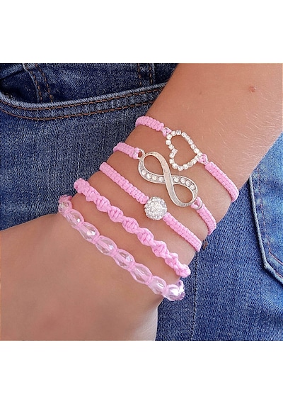 Pembe Sonsuzluk - Kalp- Kristal Makrome Ip Bileklik Takımı Set Pembe
