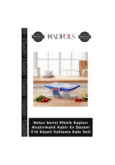 Delux Serisi Piknik Kapları Atıştırmalık Kabir Ev Düzeni 3'lü Köşeli Saklama Kabı Seti Şeffaf - Siyah