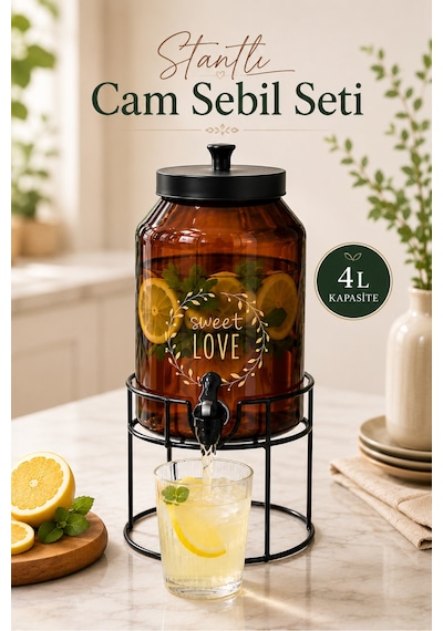 Metal Stantlı Amber Cam Sebil - Musluklu Damacana Şerbetlik Ayaklı Meşrubat Sunumluk Yağdanlık 4l