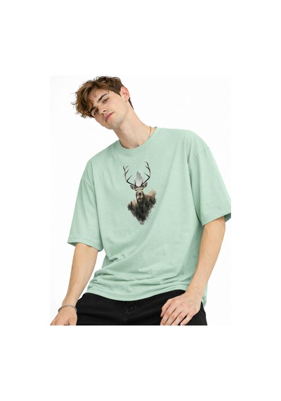 Misa Tahtakale Deer - Oversize Erkek Tişört Su Yesılı Çok Renkli