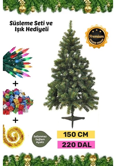 Premium Kutu Süsleme Seti Yılbaşı Çam Ağacı Renkli Işığı Yeni Yıl Süsleri Noel Paketi 150 Cm 220 Dal