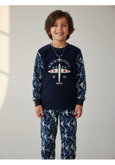 Zekids Erkek Çocuk Uçak Polar Desenli Pijama Takımı-16813 Lacivert