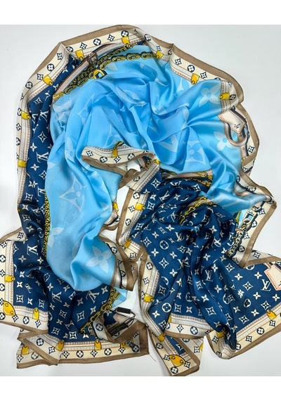 Miorel Scarfs Premium Kalite Lv Desen Vual İpek Şal Yeni Sezon Silk Scarfs Shawl Hijab Fular Mavi Turkuaz