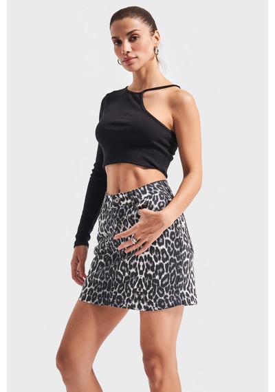 Kadın Siyah Beyaz Leopar Renk Mini Denim Etek Leopar Siyah Beyaz W426