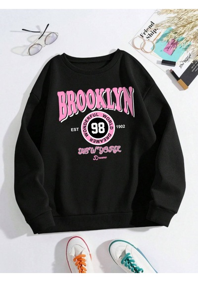 Startmore Startmorebrooklyn Dünya Hayalperest Kazak Kadın Mektup Baskılı Kapüşonlu Svetşört Polar Sıcak Crewneck Siyah