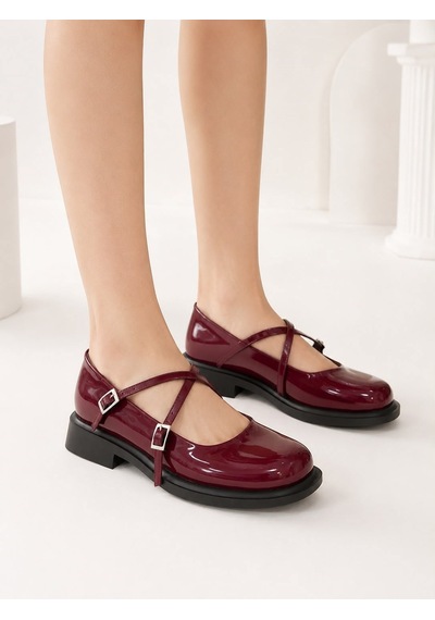 Dabab Shoes Marsel Kadın Bordo Rugan Çapraz Bantlı Tokalı 2 Cm Kalın Taban Mary Jane Ayakkabı