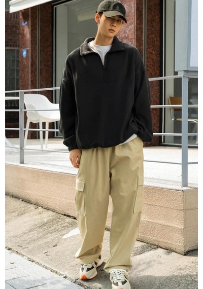 Prtnc Protonic Erkek Siyah Polar Oversize Sweatshirt Yarım Fermuarlı Siyah