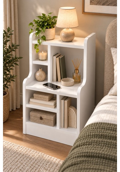 Sulorahome Komodin Raflı Kitaplık Çok Bölmeli Beyaz Yan Sehpa Organizer