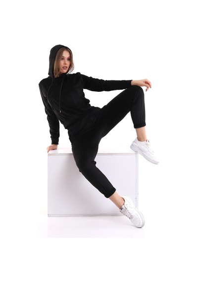 Winmoda34 Kadife Eşofman Takımı Kapüşonlu Fransız Kadife Yumoş Siyah