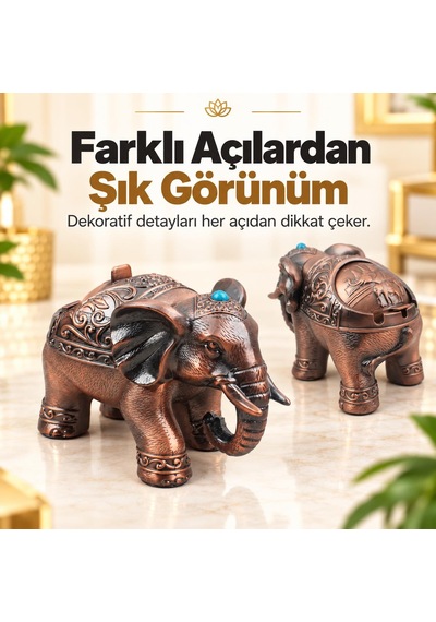 Lüks Alaşım Metal Fil Figürlü Kapaklı Dekoratif Küllük Ve Takı Saklama Kutusu Metal Biblo 18 X 12 Cm