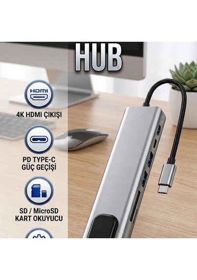 Alüminyum Gövdeli 8 Port Type-c Hub Adaptör Hdmı 4k Ethernet Usb 3.0 Sd Kart Okuyucu