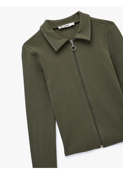 Koton Fermuarlı Slim Fit Gömlek Yaka Kaşkorse Uzun Kollu Tişört Haki 6wal10120ık Haki