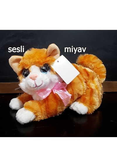 Sevimli Peluş Sesli Kedi Oyuncak Miyavlayan Yatan Kedicik 25 Cm