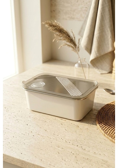Stainless Paslanmaz Çelik Vakumlu Saklama Kabı,fırın Ve Kek Kabı 1,3lt Yemek Kabı Sefer Tası Gri