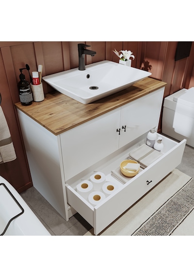Lavabolu 100Cm Çekmeceli Banyo Dlp + Aynalı Dlp + 2 Adet Boy Dlp Beyaz - Atlantik Çam
