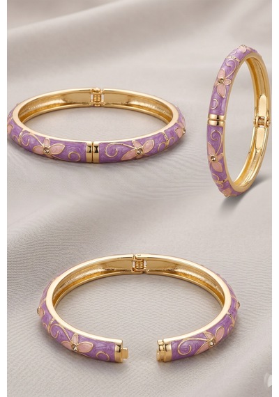 Pembe Çiçek Desenli Mor Zirkon Taşlı Kelepçe Çelik Bileklik Gold