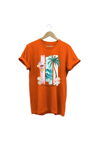 Summer Vibes Yaz Temalı Kokteyl, Palmiye Ve Deniz Desenli %100 Pamuk Regular Fit T-shirt Turuncu