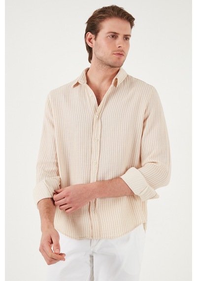 Buratti Çizgili Regular Fit Pamuklu Uzun Kollu Erkek Gömlek Cf25S129721 Vizon