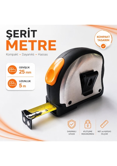 İnox Çelik Şerit Metre 5 Metre X 25 Mm Profesyonel Kilitli Dayanıklı Ölçüm Metresi El Tipi 0 - 300 MM