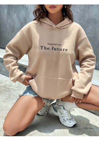 Uyguntarz The Future Baskılı Oversize Sweatshirt Bej