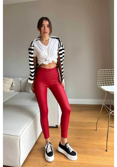 Defymoda Kadın Yüksek Bel Içi Şardonlu Fırsat Ürün Toparlayıcı Tayt Kırmızı