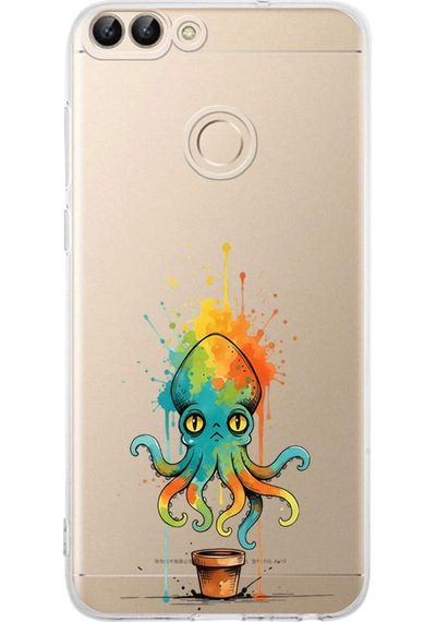 Huawei P Smart 2018 İle Uyumlu Splash Ahtapot Tasarımlı Şeffaf Silikon Kılıf Şeffaf