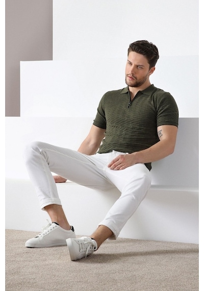 Ferraro Haki Polo Yaka Fermuarlı Erkek Pamuk Triko T-Shirt-Haki (417942120) Haki