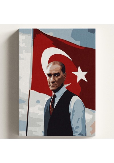 Sayılarla Boyama Tuval Hobi Seti Ataturk Bayrak Temalı Fırça Ve Boya Dahil Set Çıtalı 40x50 Cm Kendin Yap Sayı