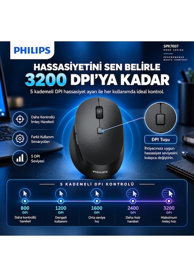 Philips SPK7607 Kablosuz 2.4GHz + Bluetooth 3200 DPI 7 Tuşlu Sessiz Mouse