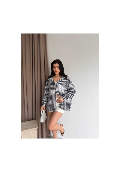 Unika Boutique Çizgili Oversize Gömlek Lacivert