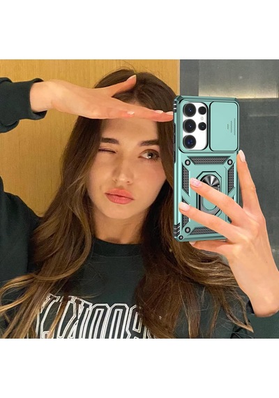 Samsung Galaxy S25 Ultra Uyumlu Kamera Sürgülü Tank Kılıf Ve Temperli Cam Ekran Koruyucu Set Yeşil