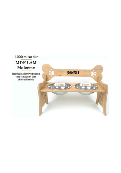 Özel İsim Baskılı, Ahşap, Kademeli, Çelik Kaseli, Eğimli, Büyük Irk Köpek Mama - Su Kabı-2 1000 Ml.