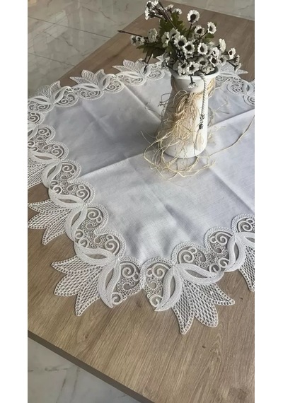 88x88 Cm Kayla Kreme Gümüş Fransız Dantel Detaylı Kare Sehpa Örtüsü Zarif Model Krem