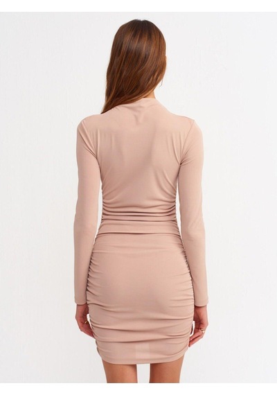 Dilvin Büzgülü Mini Elbise Camel-1201 Camel