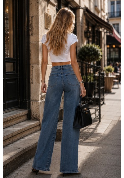 Cedy Denim Cedy Denım Premium Kadın Palazzo Jean Geniş Paça Salaş Mavi Kot Pantolon E7020
