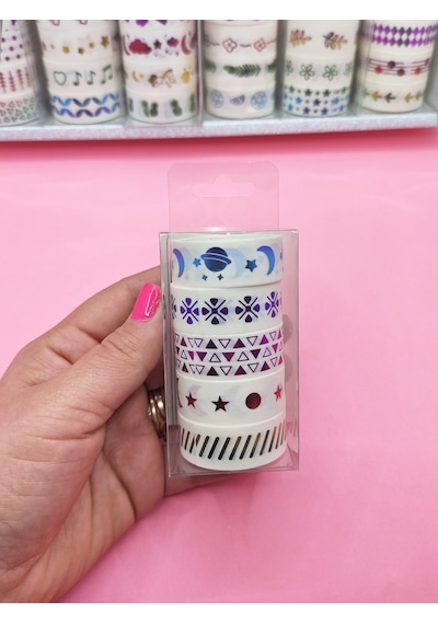Renkli Yaldızlı Vintage Washi Tape Bant Yapışkanlı Maskeleme Kağıdı 5 Lı - Gezegen 1