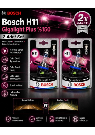 Bosch H11 Plus 150 Gigalight Halojen Far Ampulü 2 Li Set %150 Daha Fazla Işık