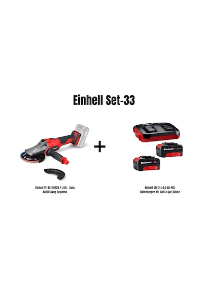 Einhell Set-33 Einhell Tp-ag 18/125 F Li Bl - Solo, Akülü Avuç Taşlama+einhell 18v 2 X 4,0 Ah Pxc Twincharger Kit, Akü & Şarj Cihazı