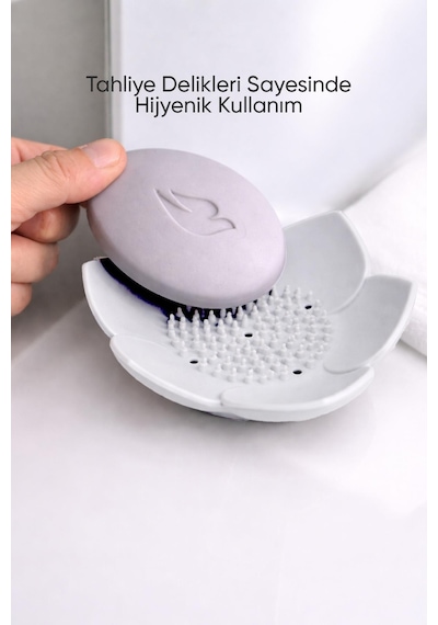2'li Beyaz Lotus Desenli Silikon Sabunluk Su Giderli Katı Sabun Ve Sünger Organizer Diğer