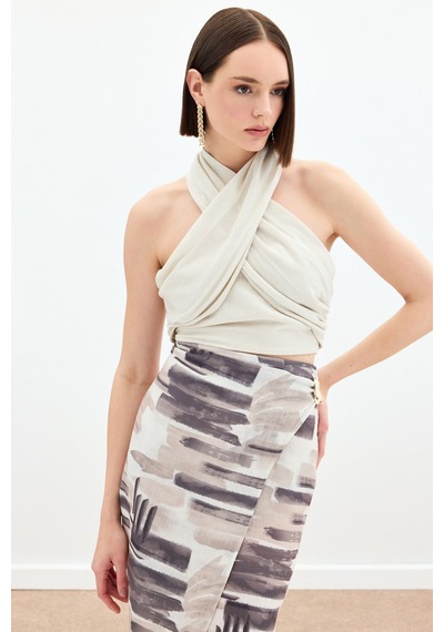 Sateen Halter Yaka Keten Crop Bluz - Bej-136156 Bej