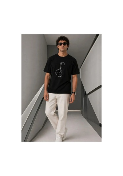 Butik İstanbul Erkek Minimal Gitar Baskılı Tişört T-shirt Yazlık Kısa Kol Bisiklet Yaka T-shirt - Siyah