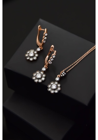 Papatya Silver 925 Ayar Gümüş Rose Kaplama Tasarım Elmas Montür Çiçek Set