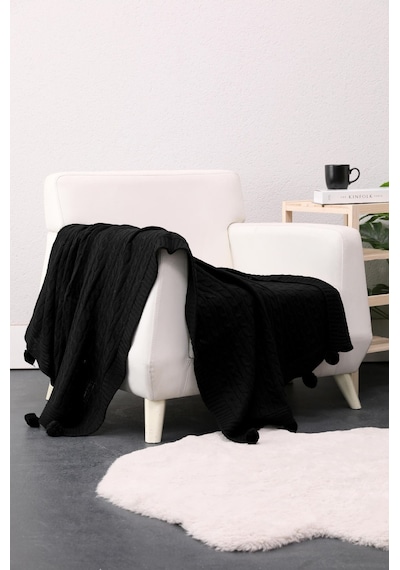 Biocotton Triko Ponponlu Örgü Tv Battaniyesi - Siyah