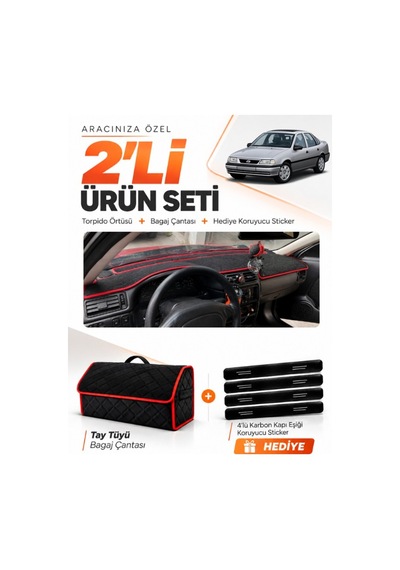 E-biz Opel Vectra A 1988-1995 Uyumlu Torpido Örtüsü + Tay Tüyü Çanta - Siyah-kırmızı - Op014