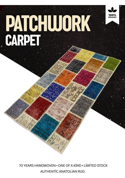 Modern Bohem Stil Vintage Halı Özel Tasarım Renkli Patchwork Koleksiyonu Çok Renkli