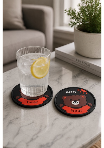 Kemboss Happy Ayıcıklı Bardak Altlığı 2'li Set - Pvc Kaydırmaz Bardak Altlığı Kahve Kupa Çay Bardağı Altlığı Masa Koruyucu Çok Renkli