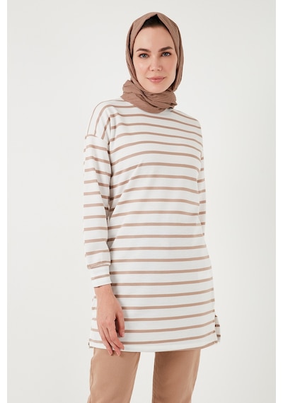 Lela Modest Çizgili Pamuklu Regular Fit Bisiklet Yaka Bayan Tunik 5865784 Bisküvi
