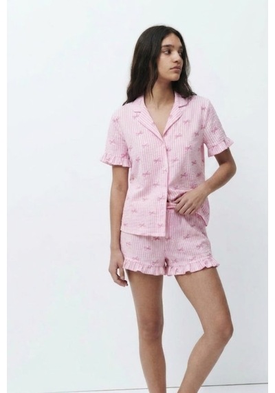 Kadın Desenli Trend Pembe Pijama Takımı