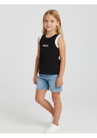 Kız Cocuk Pamuklu Fitiili Crop Bluz-16763 Siyah Beyaz